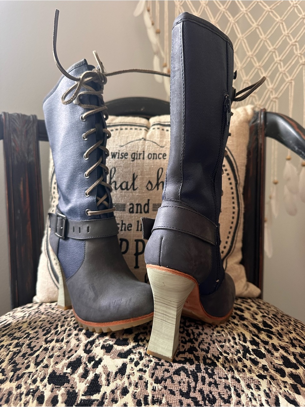 CAT Boutique Collection Women's Lace-Up High Heel Mid-Calf Boots - Navy Sz 6